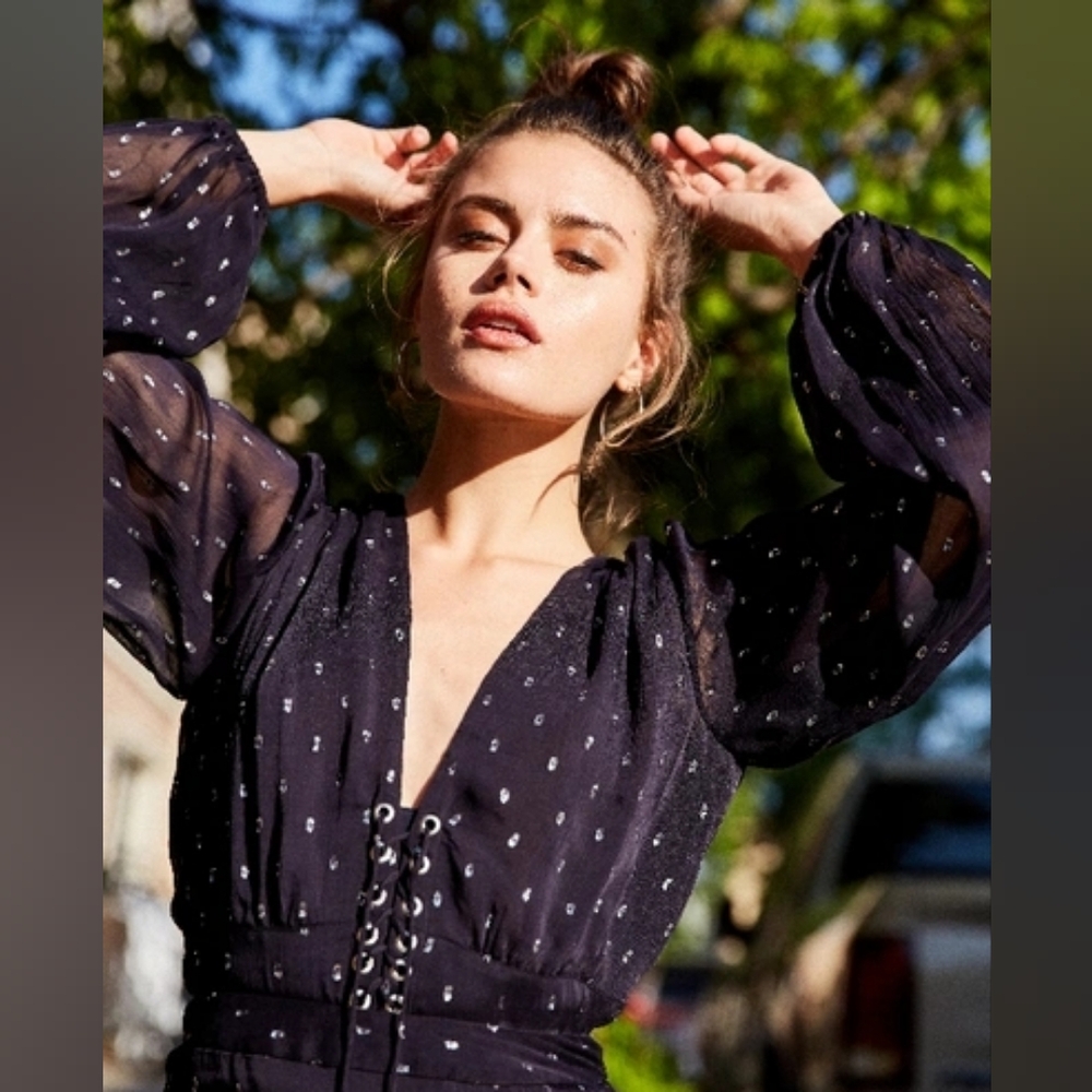 The Kooples Navy Blue Cosmic Dots Sheer lace-up bodice Long-sleeved Top SzM = 6 - Picture 2 of 11